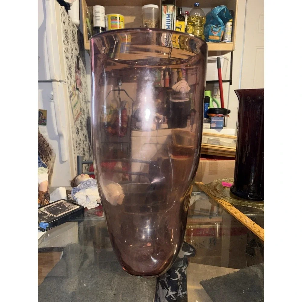 MCM Vintage Amethyst Hand Blown Art Glass 5-Dimpled Huge Floor Vase 15.5